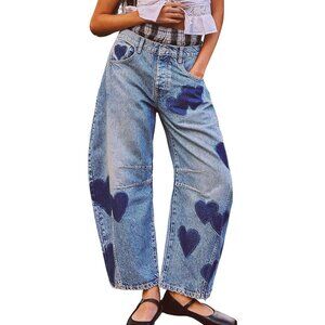 Women's Printed Baggy Jeans Mid Rise Wide Leg Tapered Stretch Casual